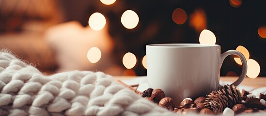 Coffee cup on table with cozy blanket