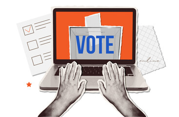 Trendy Halftone Collage banner for online election. Laptop with Hands in Torn Paper retro style. Online voting and election concept. Vector illustration.