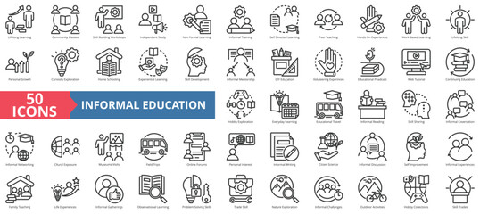 Informal Education icon collection set. Containing community classes, skill building workshops, independent study, non formal, training, self directed, peer teaching icon. Simple line vector.