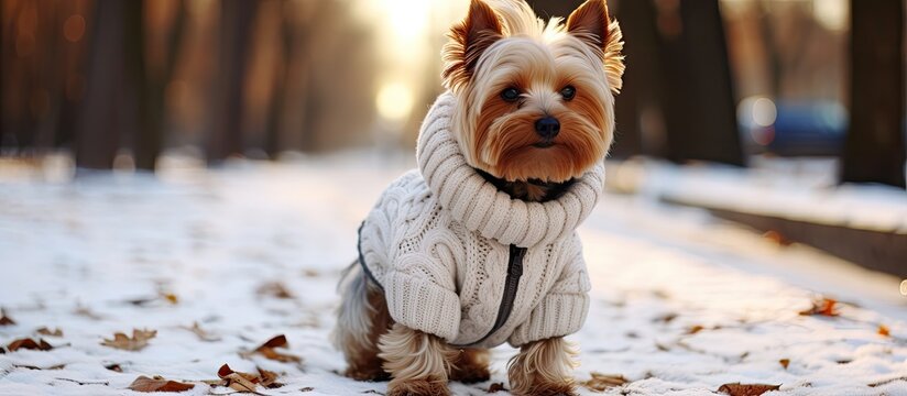 Small canine in sweater on snowy ground