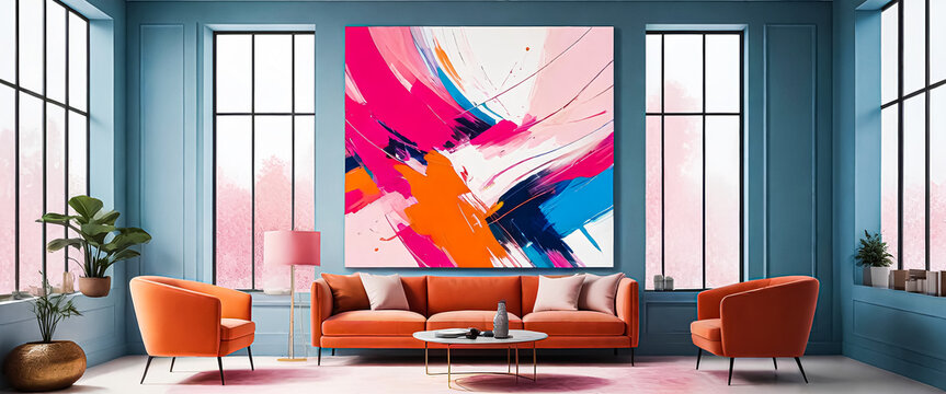 Modern interior room with colorful walls, large windows, and stylish furniture. Stylized as an oil painting. Bright stylish design. Generative AI. V-3