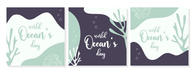World Oceans Day posters set with seaweed, seashell coral and air bubbles. Harmonious flowing shapes in boho style. Vector illustration