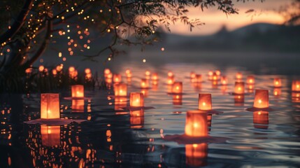 Fototapeta premium A serene lake scene at dusk, adorned with glowing floating lanterns, evoking tranquility and reflection.