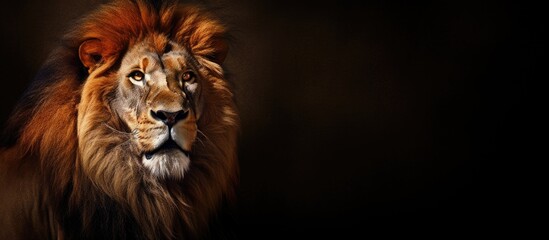 Close-up of lion against dark backdrop