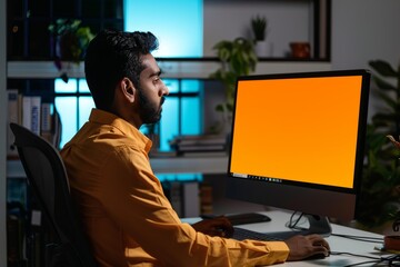 Digital mockup indian man in his 30s in front of a computer with a fully orange screen