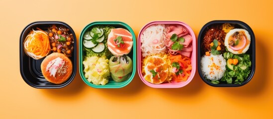 Plastic containers with assorted foods on yellow surface