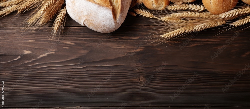 Poster bunch of assorted breads and wheat on a table