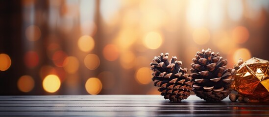 Two pine cones and a golden ball on a table - obrazy, fototapety, plakaty