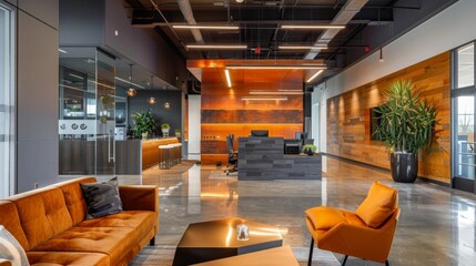 A sleek and modern office interior design reflecting the innovative culture and progressive mindset of contemporary businesses. - obrazy, fototapety, plakaty