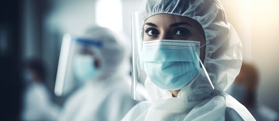 A woman donning protective and face masks