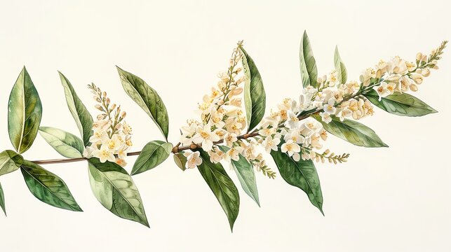 A watercolor painting of a branch of white flowers.