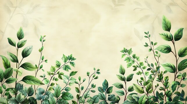 A watercolor painting of a variety of green leaves and branches on a beige background.