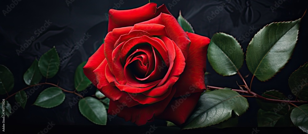 Poster Close up of a vibrant red rose and green leaves against a black backdrop