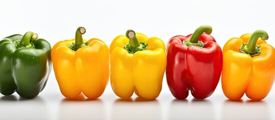 Several peppers in a row on white