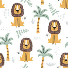 Seamless childish jungle pattern with cute lion. Perfect for fabric, textile, nursery posters. Vector