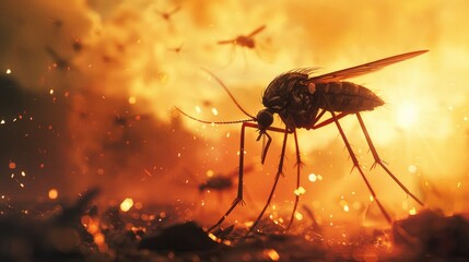 a giant black and red mosquito with long legs, flying over an apocalyptic world filled with other big insects in the background. A low angle shot from behind lights the scene