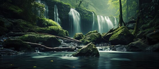 A tranquil stream flowing through a lush forest surrounded by moss-covered rocks