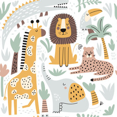Obraz premium Seamless childish jungle pattern with cute lion, crocodile, giraffe, elephant, leopard, toucan. Perfect for fabric, textile, nursery posters. Vector