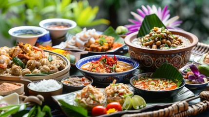 A traditional Thai feast set with various dishes, showcasing the diversity and richness of Thai cuisine. - obrazy, fototapety, plakaty