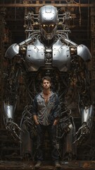 A scientist stands in front of a robot he created