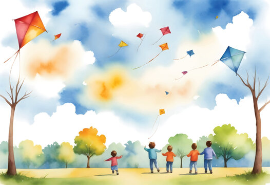 a watercolor illustration of children flying kites in a park