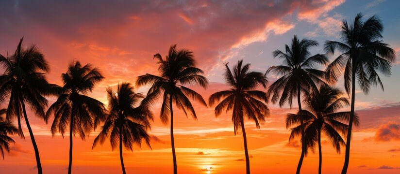 Palm trees against a pink sunset sky