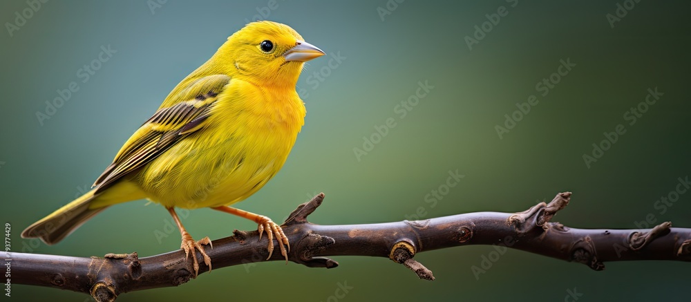 Sticker Yellow bird on a twig against a green backdrop