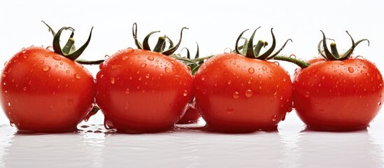 four red tomatoes in line on white surface
