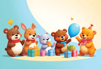 a cartoon drawing of a bear and other animals with a box of presents