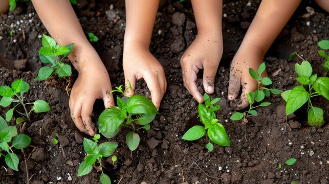 Children hands planting seedlings into soil, ecology and environmental concept
