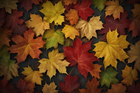 "Rich colors of autumn, scattered maple leaves, inviting atmosphere, ideal for seasonal designs." Background Artwork ar3:2.