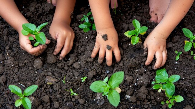 Children hands planting seedlings into soil, ecology and environmental concept