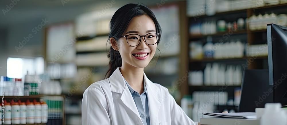 Poster female scientist in lab coat working at desk with computer