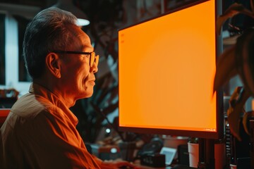 App demo asian man in his 50s in front of a computer with an entirely orange screen - obrazy, fototapety, plakaty