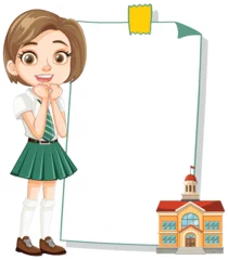 Washable wall murals Kids Young girl in uniform presenting empty paper scroll.