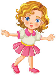 Cartoon of a cheerful girl in a pink skirt dancing
