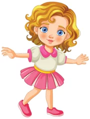Washable wall murals Kids Cartoon of a cheerful girl in a pink skirt dancing