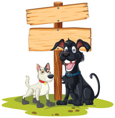 Two cartoon dogs smiling beside a blank signpost.