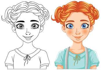 Line art and colored portrait of a young girl