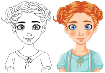 Tapeten Kinder Line art and colored portrait of a young girl