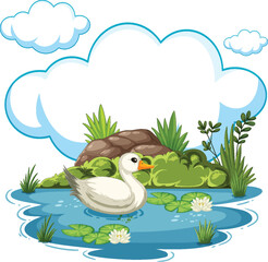 Vector illustration of a duck in a tranquil pond setting.