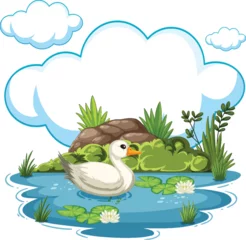 Tapeten Kinder Vector illustration of a duck in a tranquil pond setting.