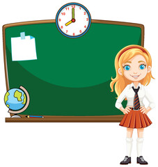 Cheerful girl standing in front of a chalkboard