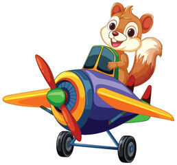 Cheerful squirrel flying a vibrant toy airplane