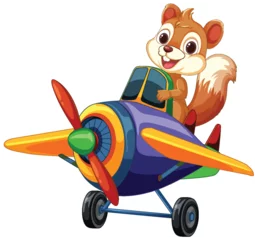 Badkamer foto achterwand Kinderen Cheerful squirrel flying a vibrant toy airplane