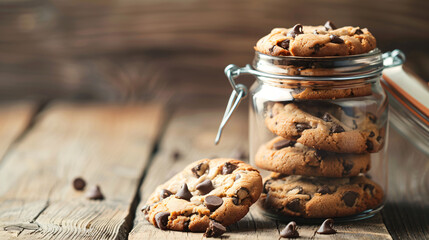 Closeup of assort chocolate chip cookie and bakery jar