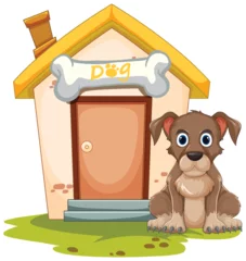 Room darkening curtains Kids Cute brown puppy sitting outside its house