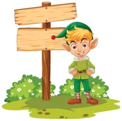 Washable wall murals Kids Smiling elf character standing next to a sign