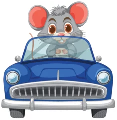 Glasschilderij Kinderen Adorable cartoon mouse behind the wheel of a car