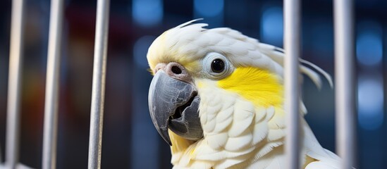 A bird of yellow and white colors inside a cage